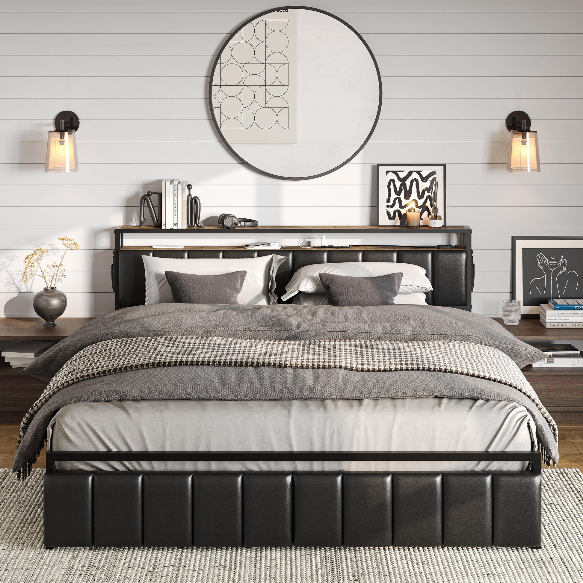 Bestier 53.94-in W Full Size 2-Shelves Black Full Size Bed Frame with Hidden Storage Headboard and Dual LED Light