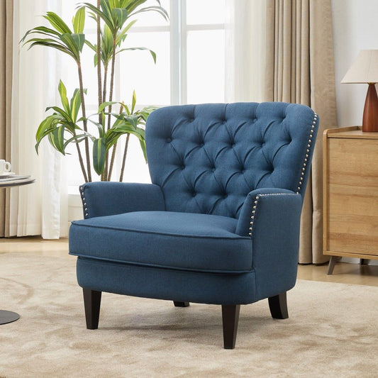 Coolbibila Vintage Navy Blue Fabric Upholstered Accent Lounge Chair with Nailhead Trim for Living Room Bedroom