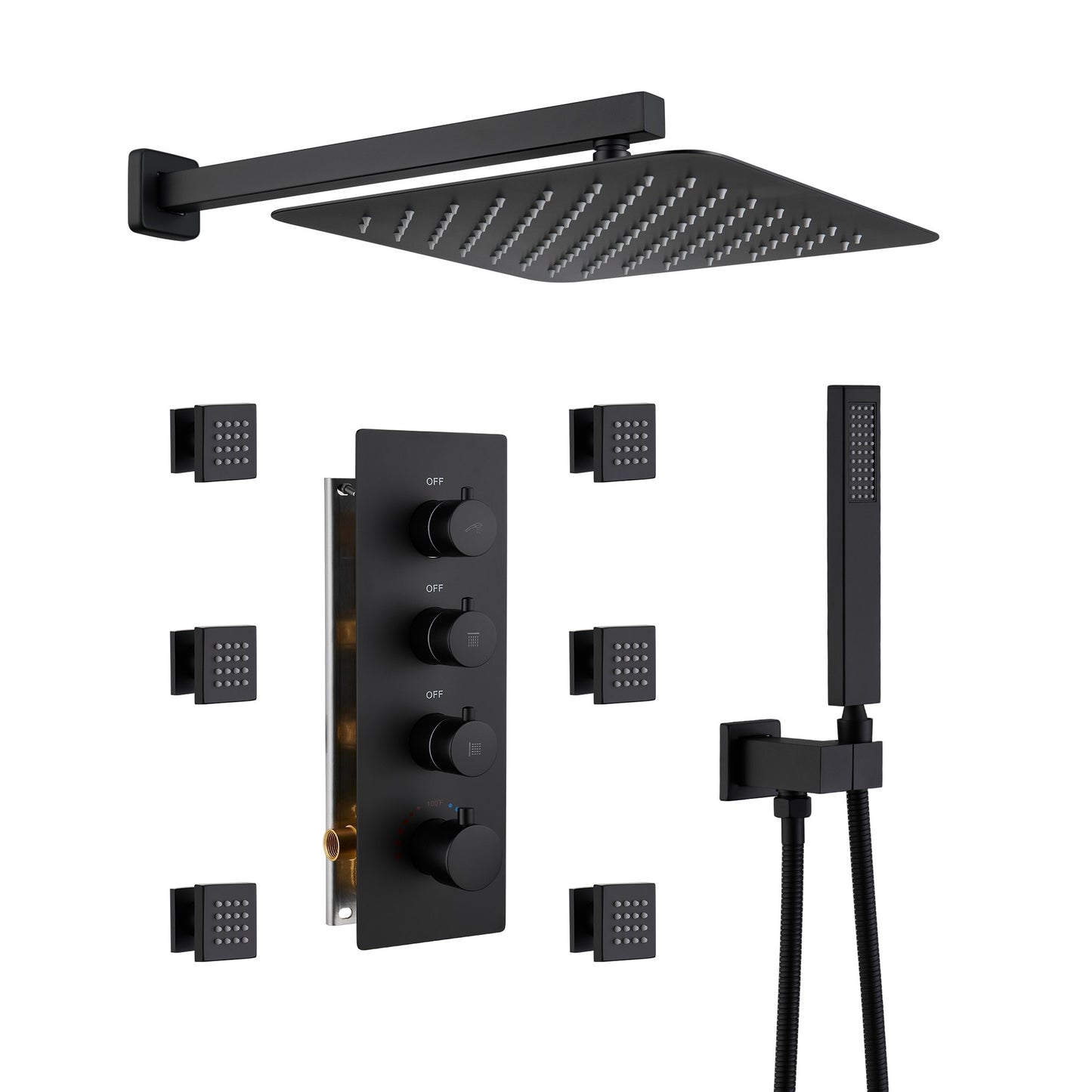 CASAINC 3-Spray 12in. Wall Mount Shower Head Handheld 6-Body Jets Matte Black 12-in Built-In ShowerÂ FaucetÂ System with 3-way Diverter ( Thermostatic Valve Included )