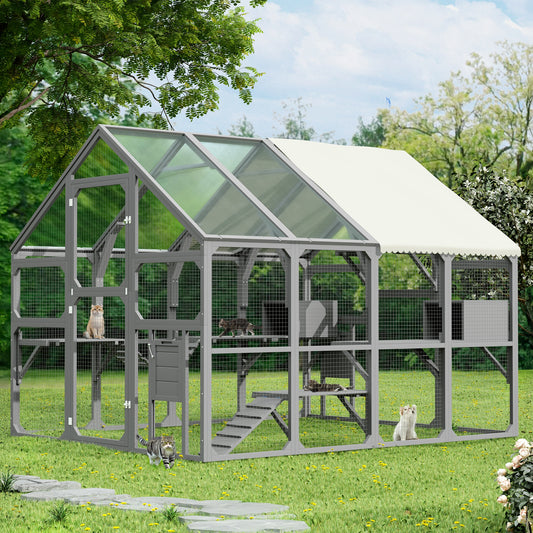 ModernLuxe Large Catio Outdoor Cat Enclosure for Multiple Kittens Wooden Cat House with 7 Platforms 2 Resting Boxes 1 Bridge and 1 Ramp Walk in Kitty Cage Kennel with Sunshine Board Roof Gray