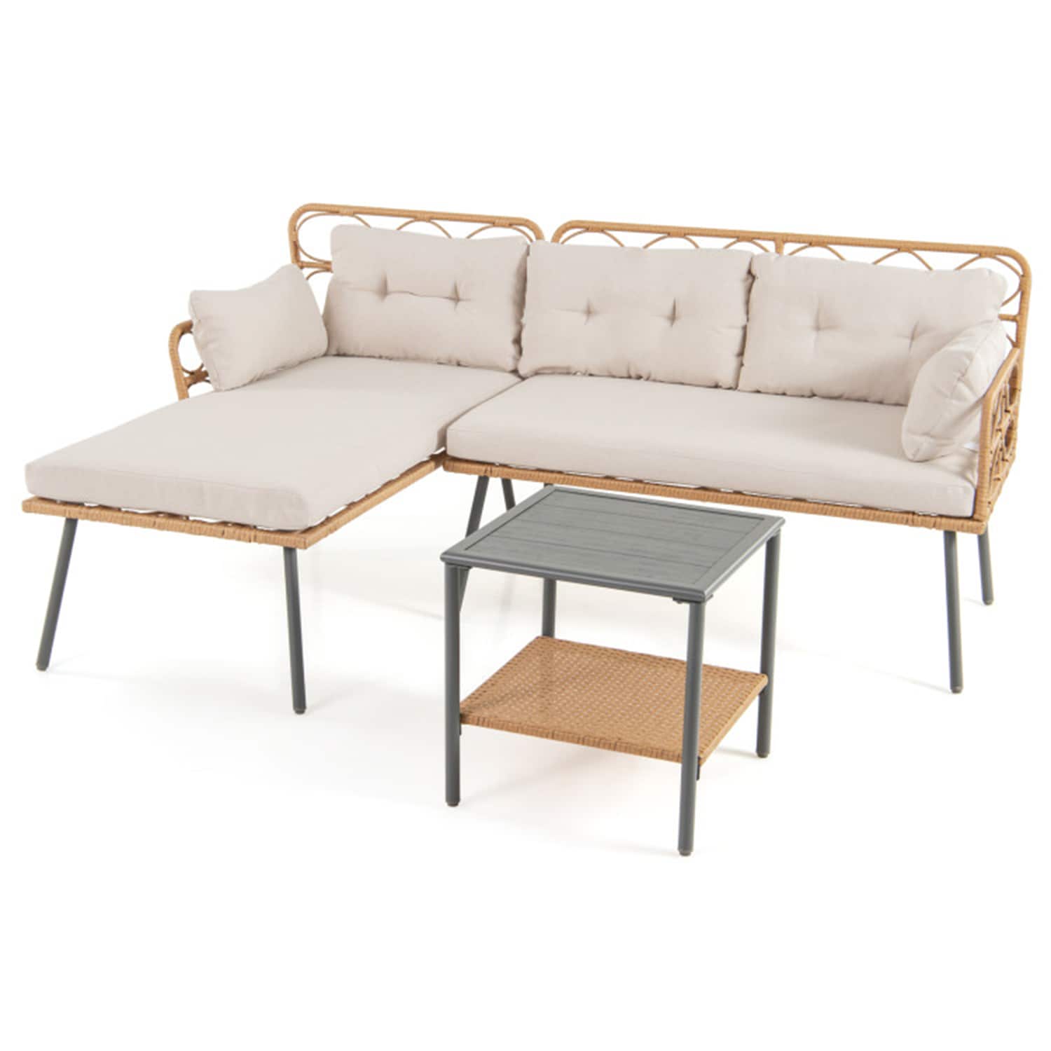 Mondawe Rattan Outdoor Sectional with Off-white Cushions and Steel Frame