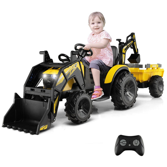 Costway  3-in-1 Kids Ride On Excavator Bulldozer 12V Electric Tractor Remote with Trailer Yellow