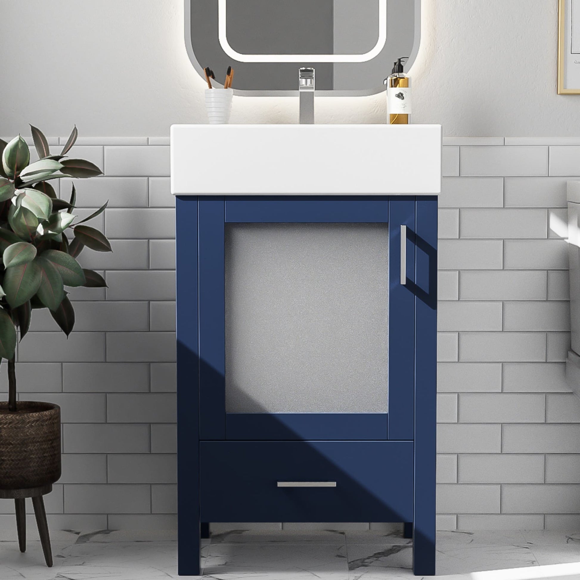Dexmalle  20-in Blue Undermount Single Sink Bathroom Vanity With White Ceramic Top and Glass Door