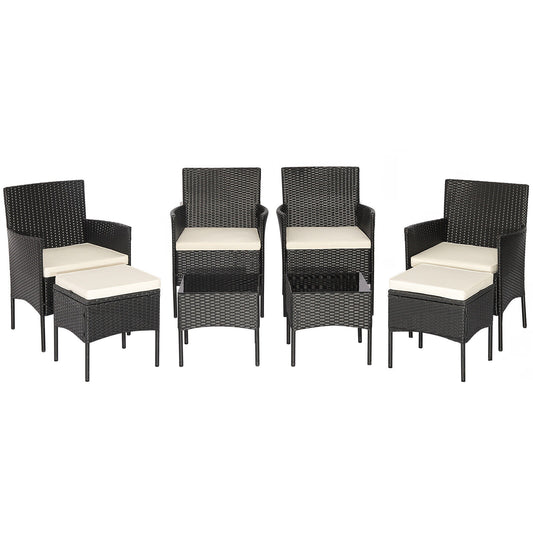 Slickblue 8-Piece Black Rattan Patio Conversation Set with 4 Chairs 2 Ottomans Off White Cushions and 2 Black Tempered Glass Tables for Backyard Poolside or Patio