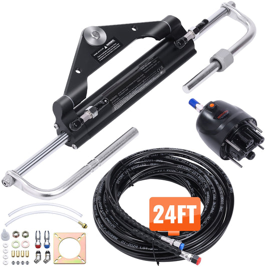 VEVOR Hydraulic Outboard Steering Kit  150HP  Marine Boat Hydraulic Steering System  with Helm Pump Two-Way Lock Cylinder and 24 Feet Hydraulic Steering Hose  for Single Station Single-Engine Boats