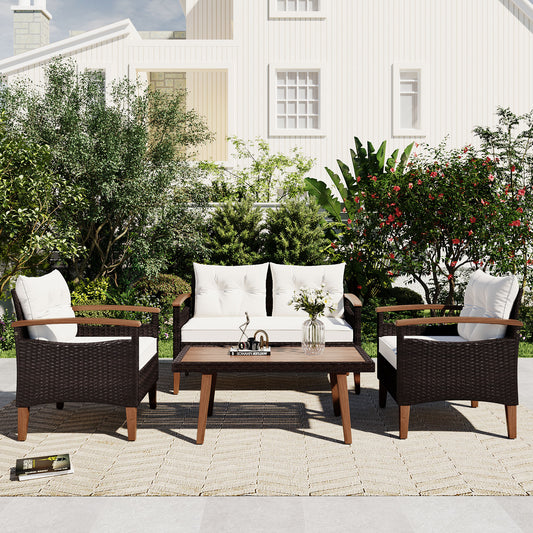 LOVMOR 4 Piece Garden Furniture Patio Seating Set PE Rattan Outdoor Sofa Set Wood Table and Legs Brown and Beige