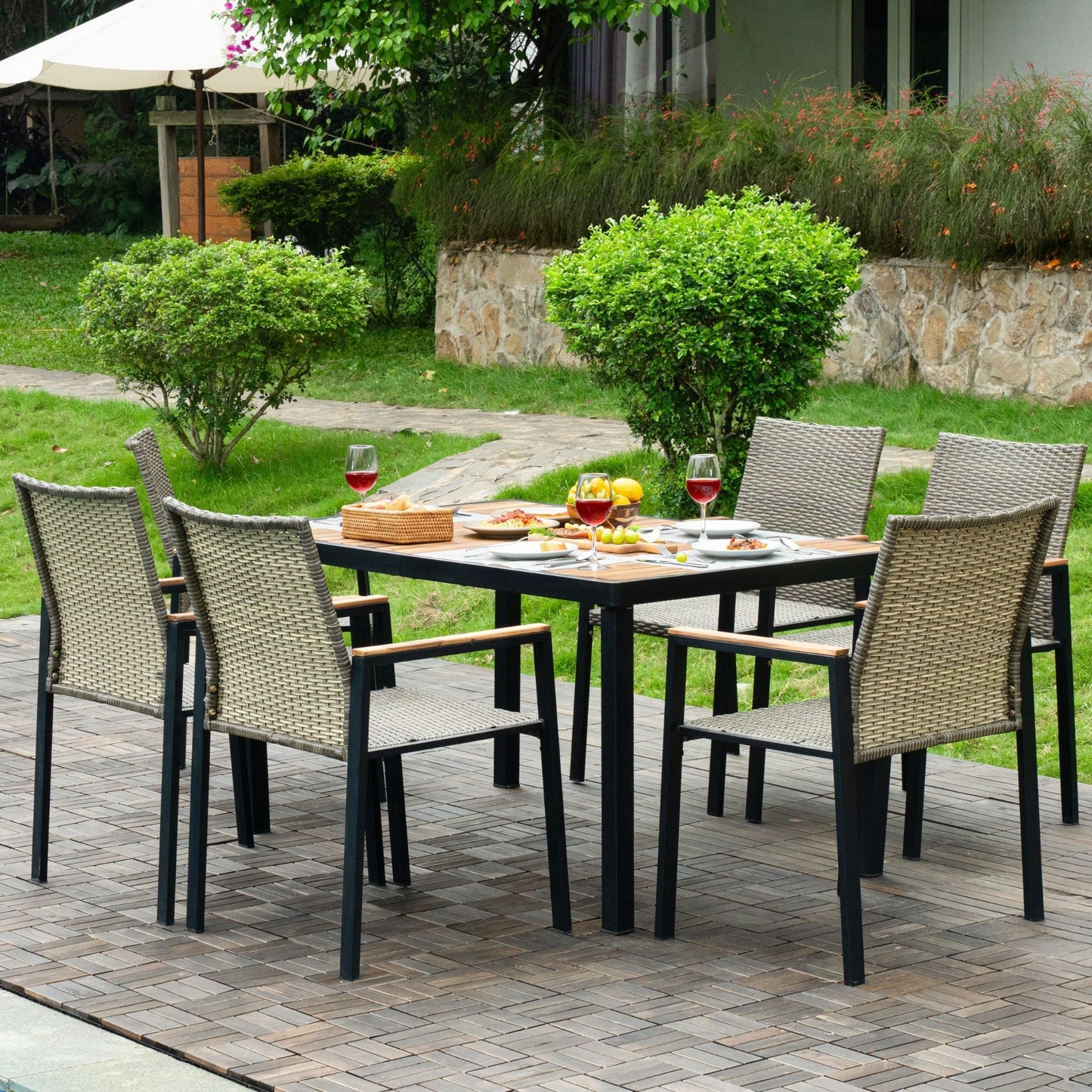 Rbied Patio dining set 7 -Piece Black Wicker Patio Dining Set Wicker Rectangle Table with 6 Stationary Chairs