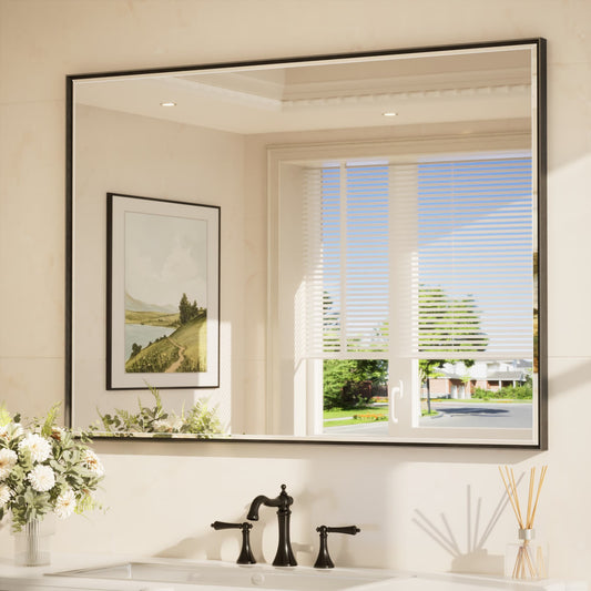 Keonjinn Bathroom Mirrors 48-in W x 36-in H Rectangle Matte Black Beveled Wall Mirror