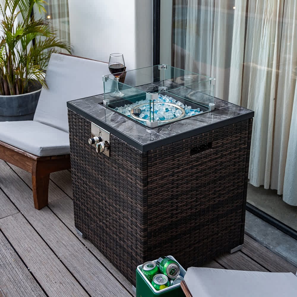 JUJABU Espresso 24in Propane Gas Fire Pit Table 50000 BTU Square with Beautiful Wicker Base for Outside