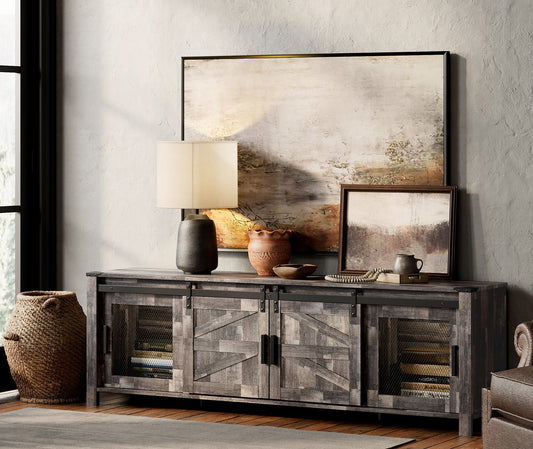 Wampat Television Stand with Storage Cabinets, Wood Metal White, 22.80 x 15.40 x 70.00 Inches