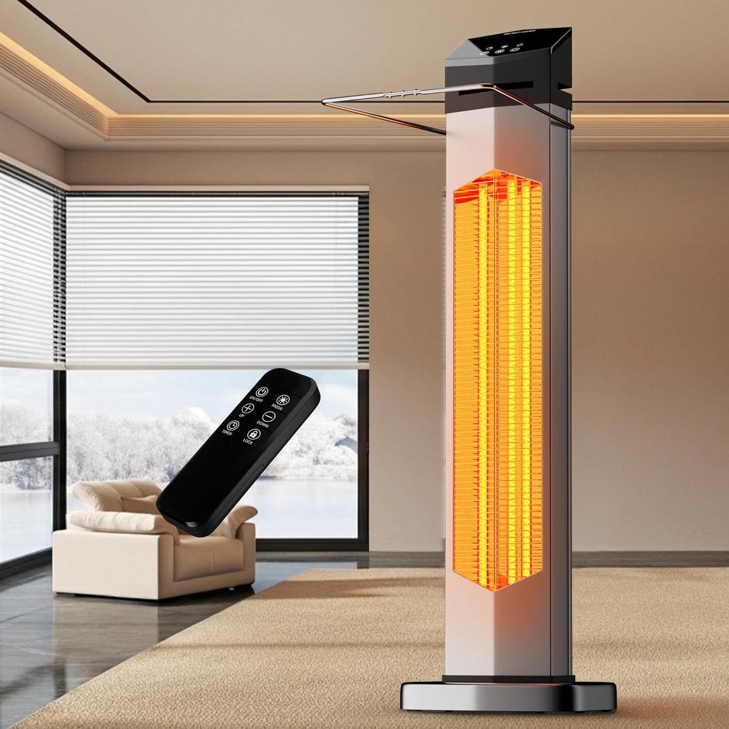AKIRES Outdoor Electric Patio Heater, 37IN 1500W Infrared Tower Heater with Instant Heating, Tip-Over & Overheat Protection, IP54 Waterproof Space Heater For Patio Garage Indoor & Outdoor Use,Silver