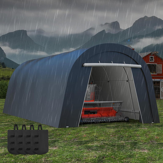 FansaFurn Domed Carport with 4 Cloth Bags, Portable Garage with 2 Roll-up Doors, Heavy Duty Car Canopy Party Tent, All-Season Storage Shelter Shed for Boat, Truck, or Garden Tools, 12' x 25'