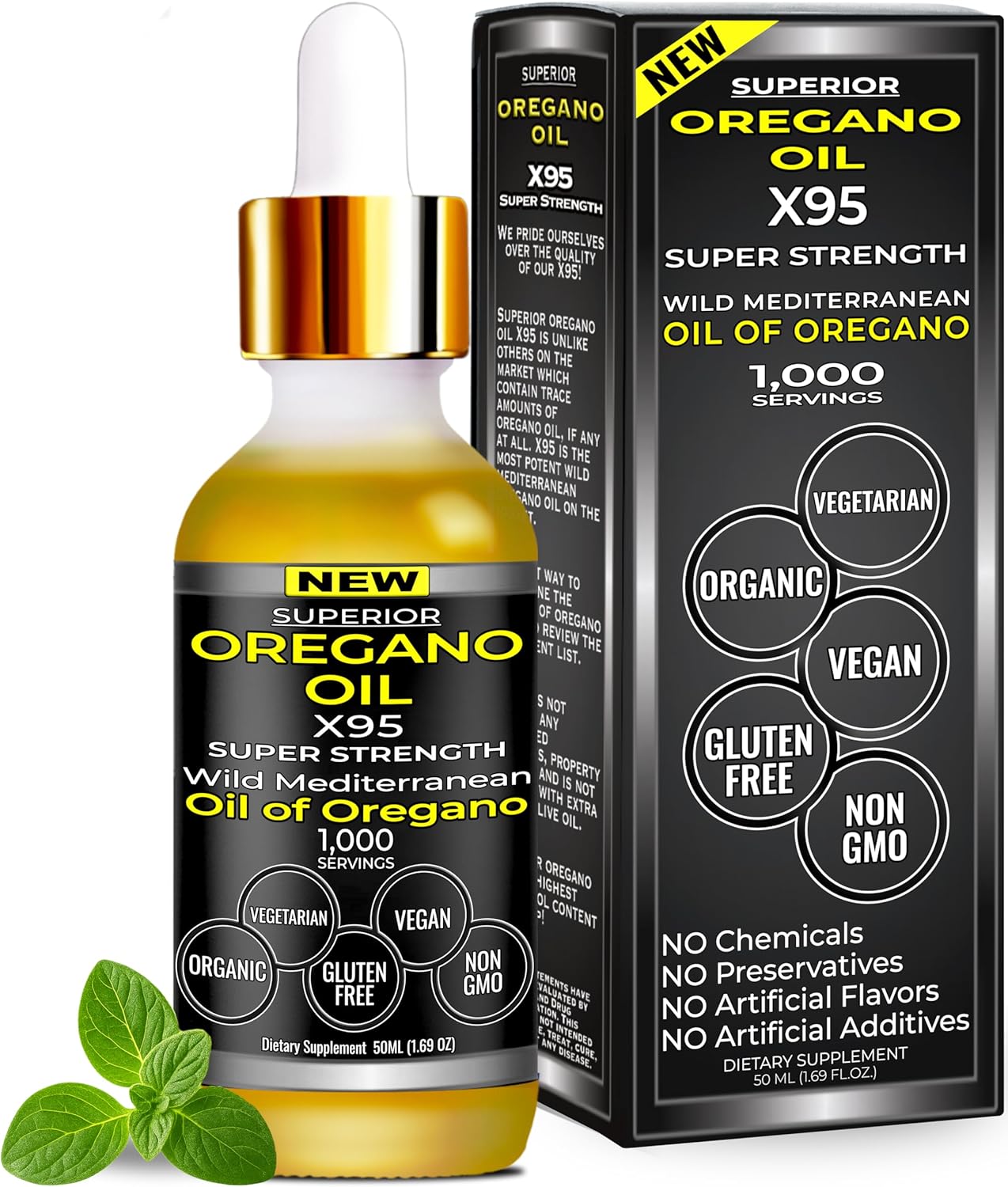 Organic Oregano Oil Drops - 1,000 Servings, 12 Month Supply, Wild Oil of Oregano 9X Carvacrol, Immune & Digestive Support, Non-GMO, Food Grade Herbal Supplement, Alternative to oil of Oregano Tincture