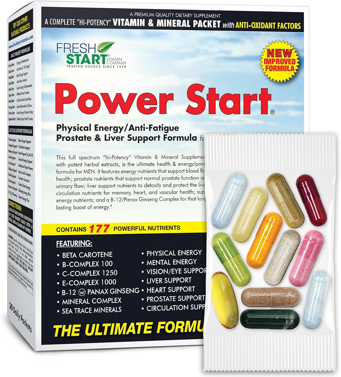 Power Start Complete Daily Vitamin Pack | Men's Health Support, 10X Energy & Stamina Booster | Vitamin A, B, C, D, E, B12, Minerals, Tribulus, Maca, Epimedium, Tongkat Ali (30 Packets)
