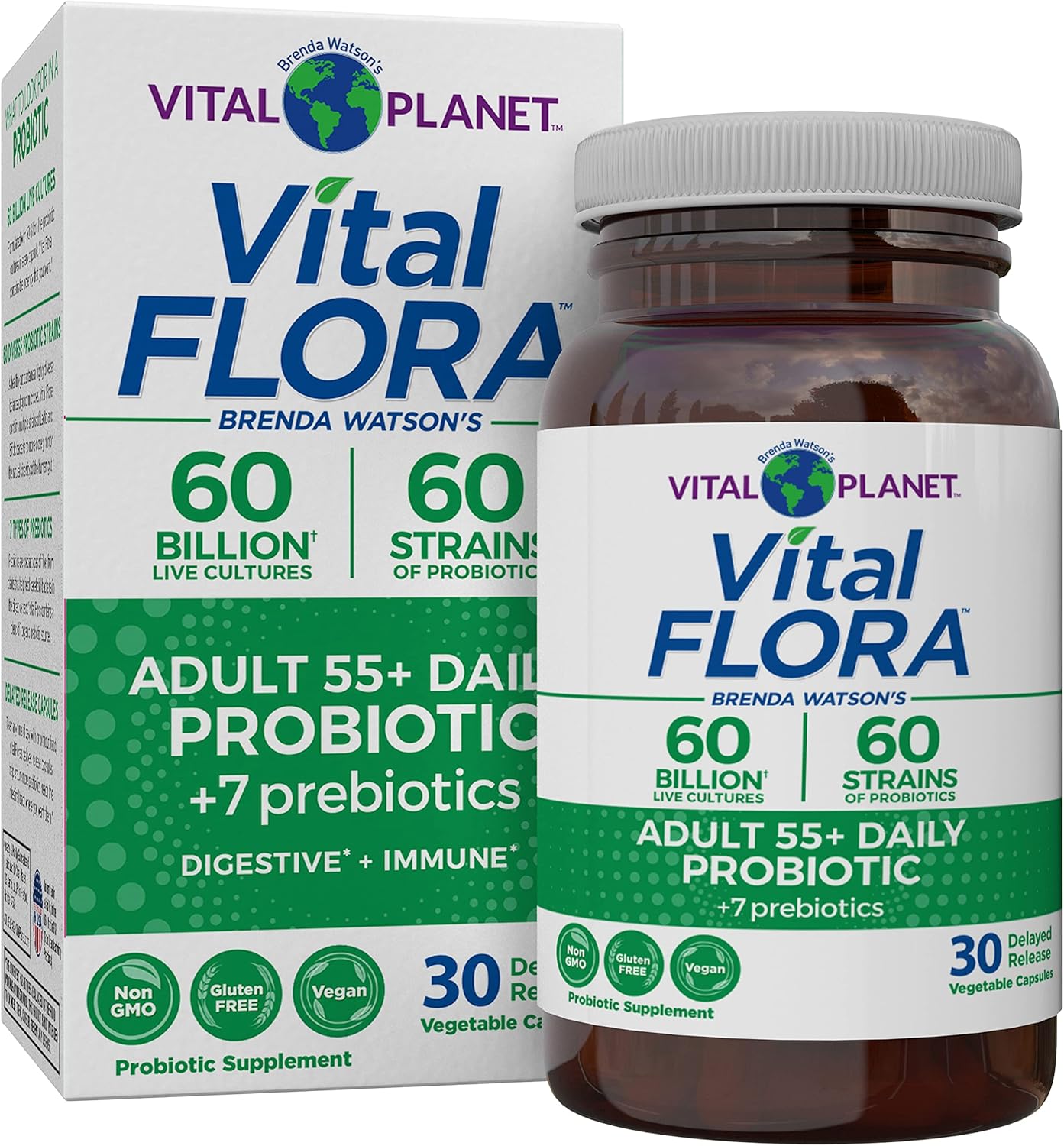 Vital Planet - Vital Flora Adults Over 50 Daily Probiotic 60 Billion CFU, 60 Diverse Strains, 7 Organic Prebiotics, Immune Support, Gas, Digestive Health Probiotics for Women and Men, 30 Capsules