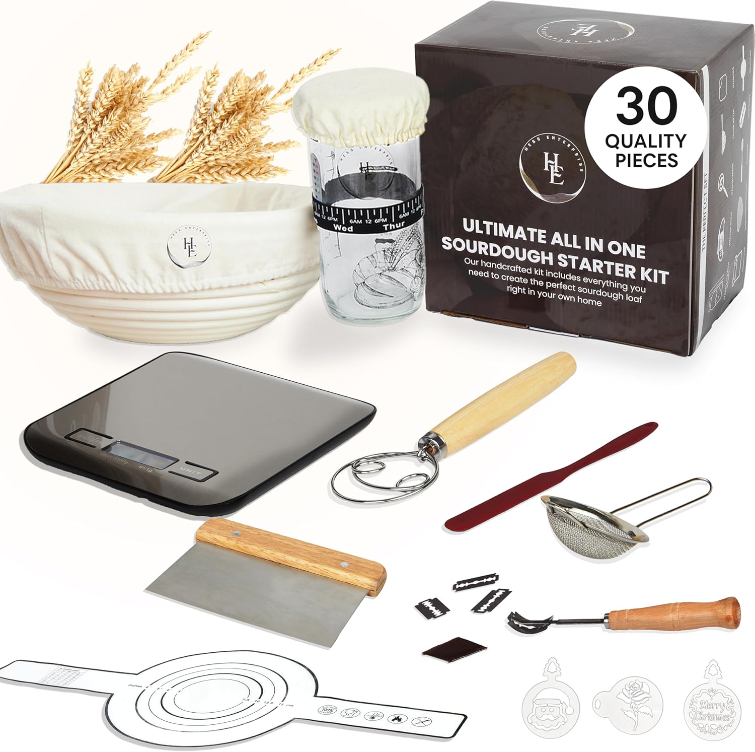 30 PCS-Sourdough Starter Kit with Kitchen Scale, 10-Inch Banneton Bread Proofing Basket, Sourdough Starter Jar, Bread Lame, Dough Whisk, Sourdough Kit with Bread Baking Supplies, and Bread Tools
