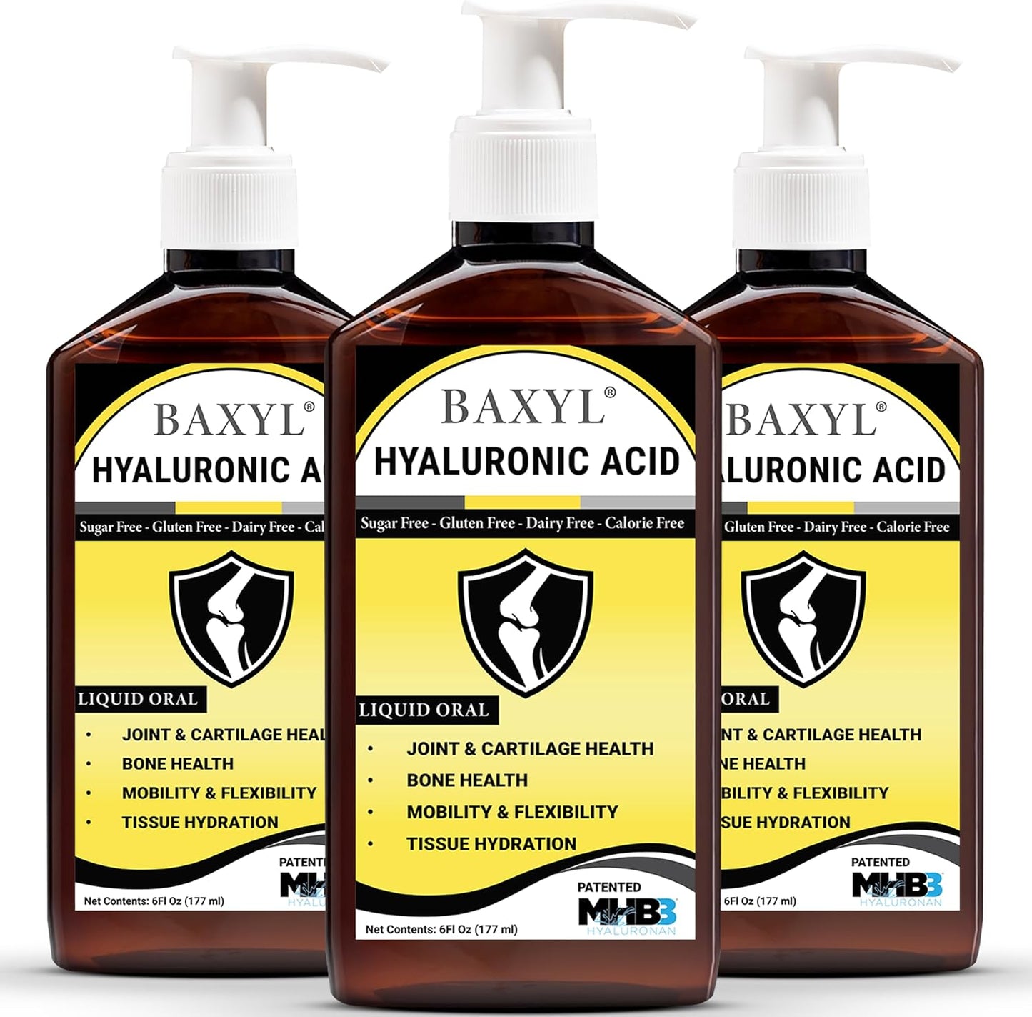 BAXYL Liquid Hyaluronic Acid Supplement - Natural Citric Acid, Potassium Sorbate Ingredients Formulated Flavorless Syrup - Provide Healthy Cartilage & Bone Formation - 3 Bottles of 6 Fl Oz