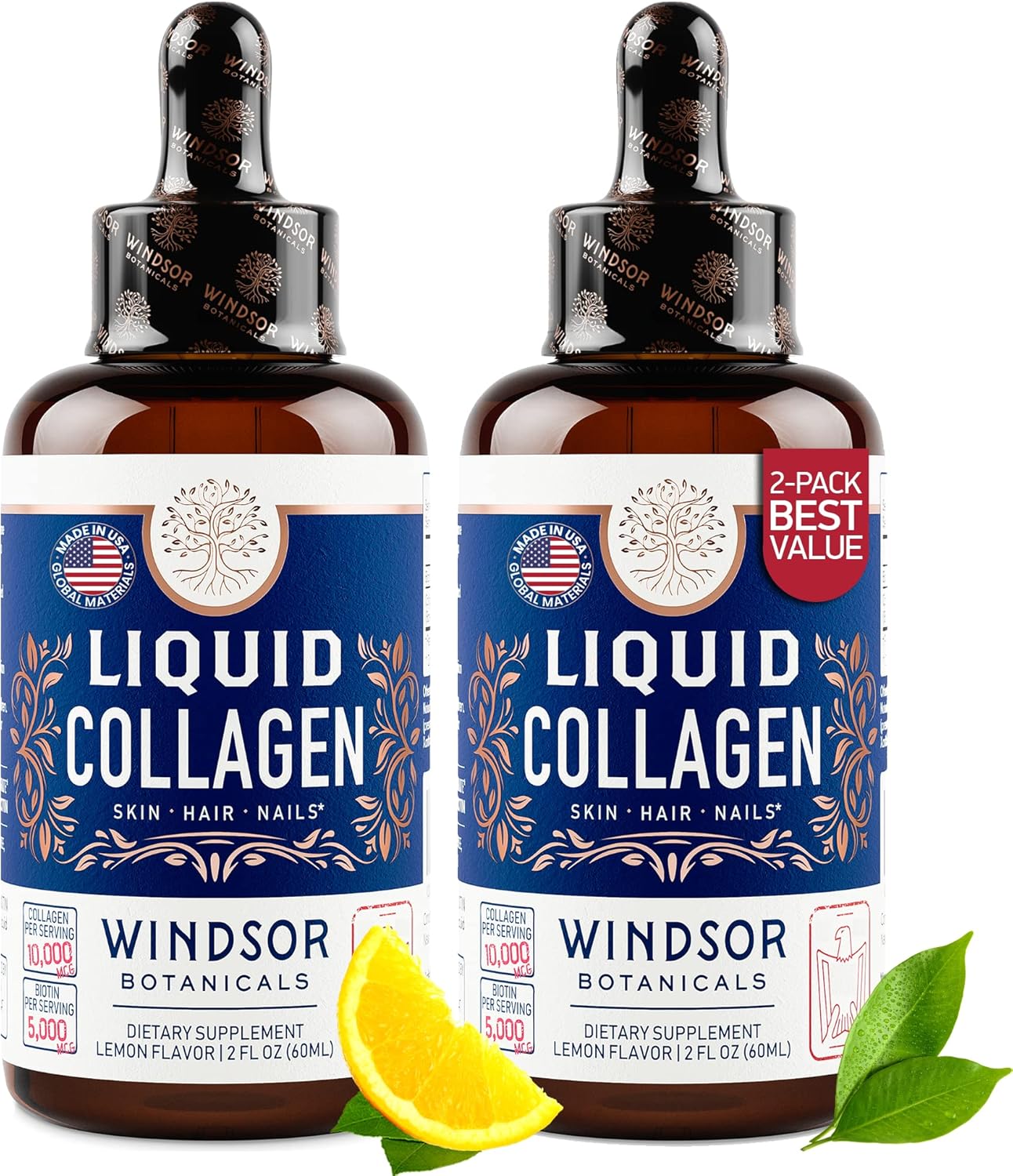 WINDSOR BOTANICALS Liquid Collagen for Women and Men - Hair, Skin, Nails Vitamins - Lemon Flavor Collagen Peptides Hair Growth Drink - 5,000mcg Biotin, 10,000mcg - US Made - 2x2oz