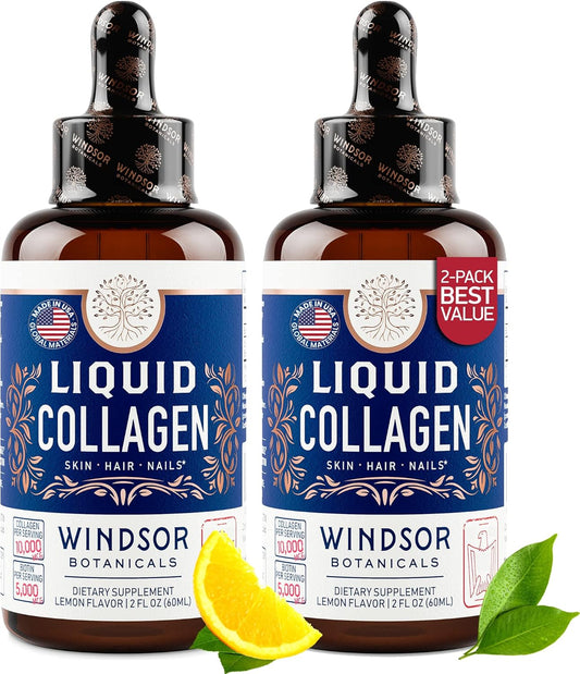 WINDSOR BOTANICALS Liquid Collagen for Women and Men - Hair, Skin, Nails Vitamins - Lemon Flavor Collagen Peptides Hair Growth Drink - 5,000mcg Biotin, 10,000mcg - US Made - 2x2oz