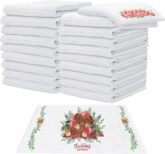 20 Pack Sublimation White Towels Waffle Weave Kitchen Towels Blanks Microfiber Dish Drying Towel for Heat Transfer 16x24 Inch