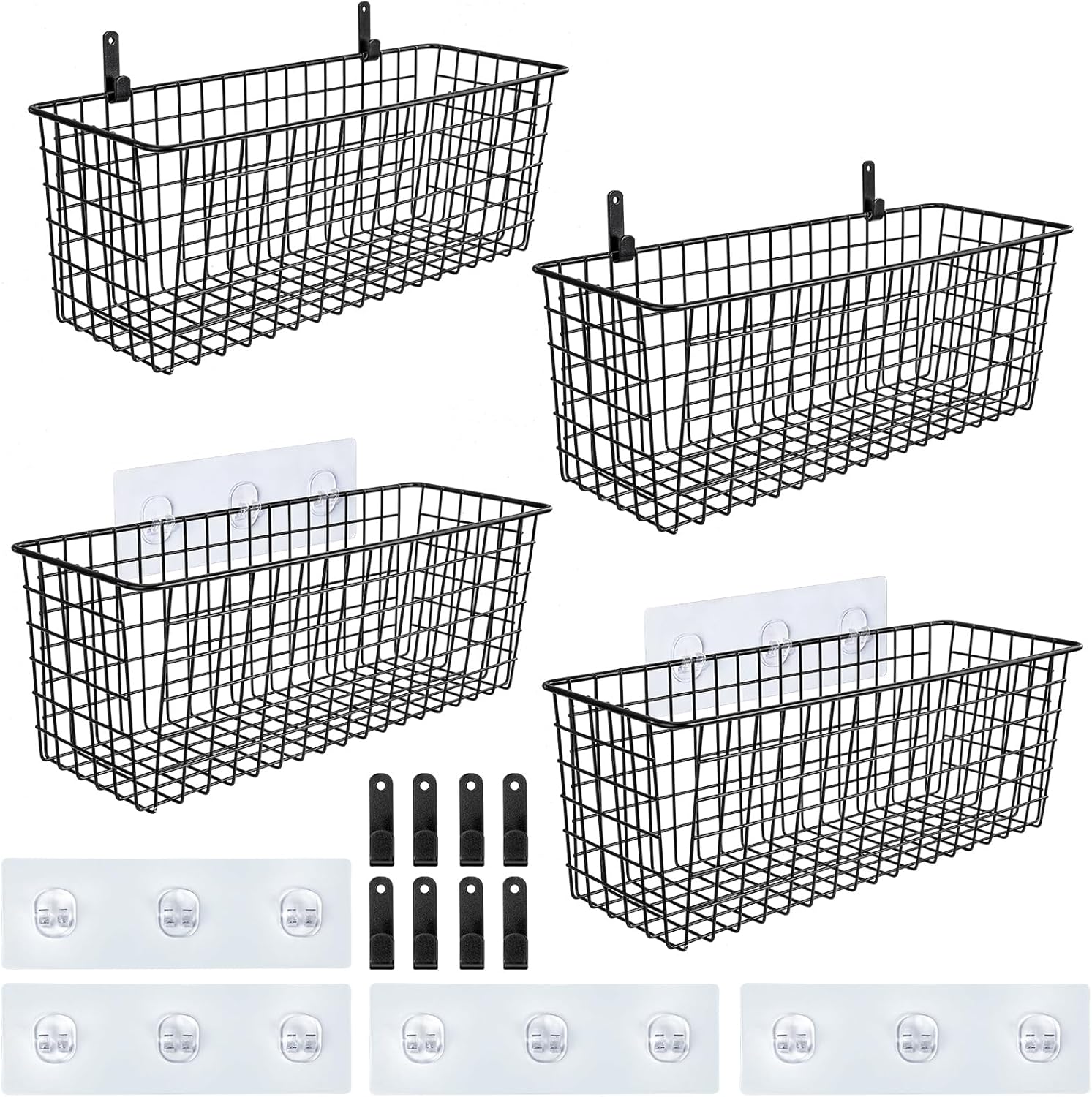 4 Set [EXTRA LARGE] Hanging Wall Mount Storage Baskets with Adhesive Hooks & Steel Hooks, Multiuse Sturdy Wire Metal Organizing Baskets for Home Kitchen Bathroom Pantry Utility Organizer, Black