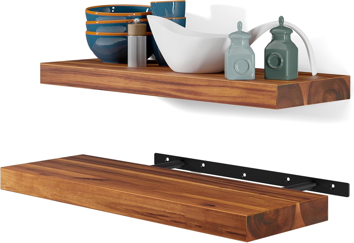 BATODA Set of 2 17" Acacia Wood Floating Shelves Wall Mounted \u2013 Rustic Farmhouse Wooden Wall Storage Shelf for Bedroom, Kitchen, Home Décor - Brackets and Shelving Mounting Hardware Included