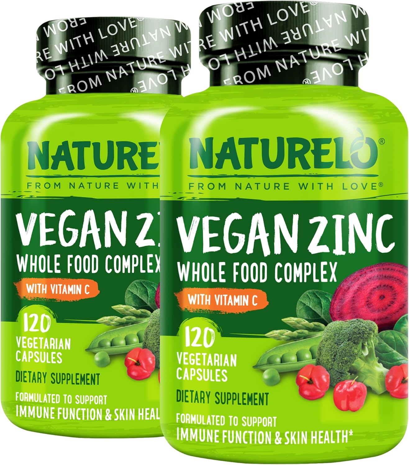 NATURELO Vegan Zinc Immune Support Capsules - Whole Food Complex with Vitamin C for Healthy Skin, Hair, and Nails - 120 Capsules (Pack of 2)