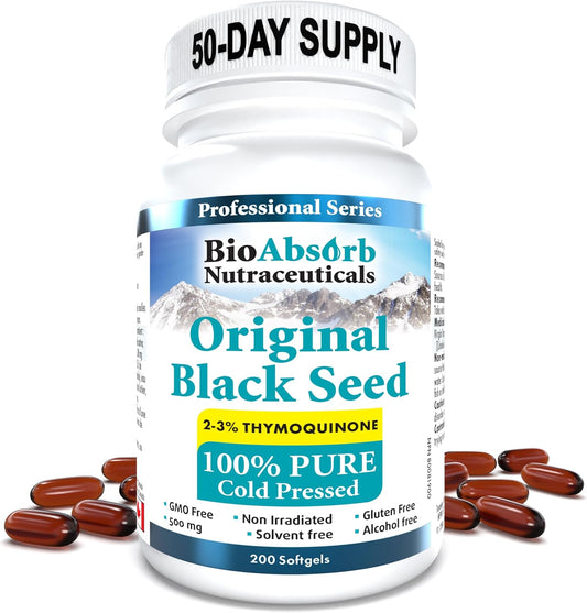 Bio Absorb Black Seed Oil Cold Pressed Capsules. 200 softgels, 500mg (50-Day Supply). No Aftertaste.