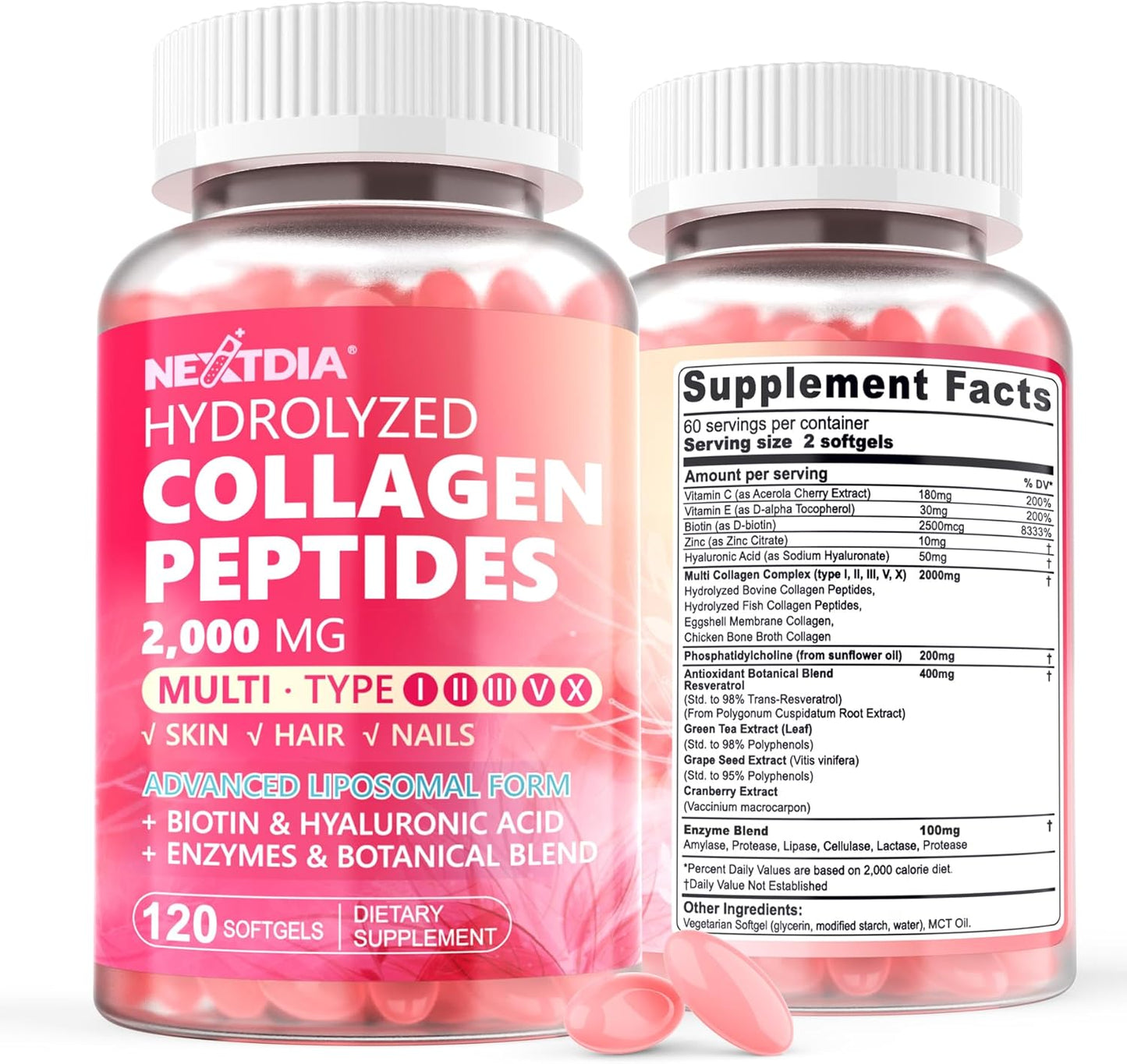 2 Pack Liposomal Collagen Peptides Pills for Women 2000mg, Multi Hydrolyzed Collagen Type I, II, III, V, X with 2500mcg Biotin - Collagen Supplements Softgels with Hair, Skin & Nails Vitamins, 240 Cts