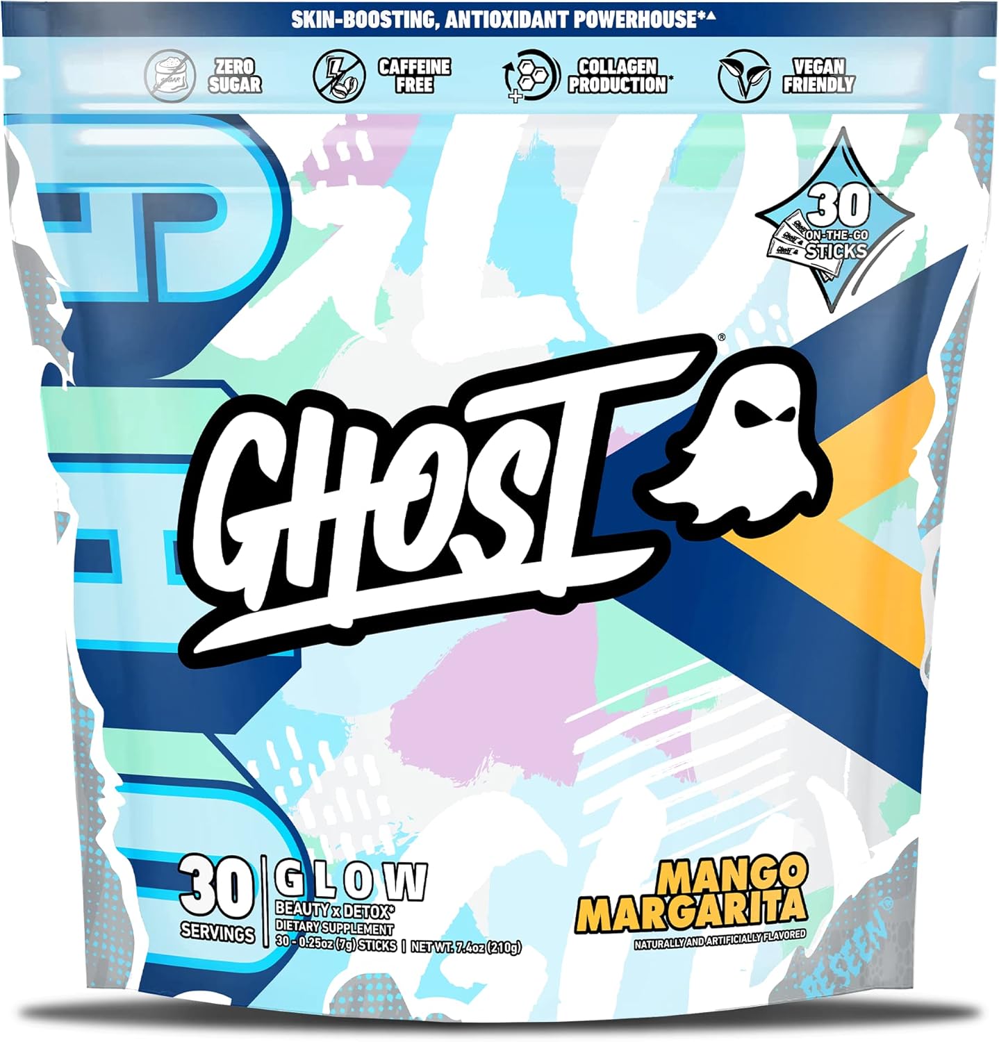 GHOST Glow Sticks: Beauty and Detox Supplement - 30 On-The-Go Stick Packs, Mango Margarita - Hyaluronic Acid, Biotin & L-Theanine for Skin-Boosting Support - Sugar Free, Gluten Free
