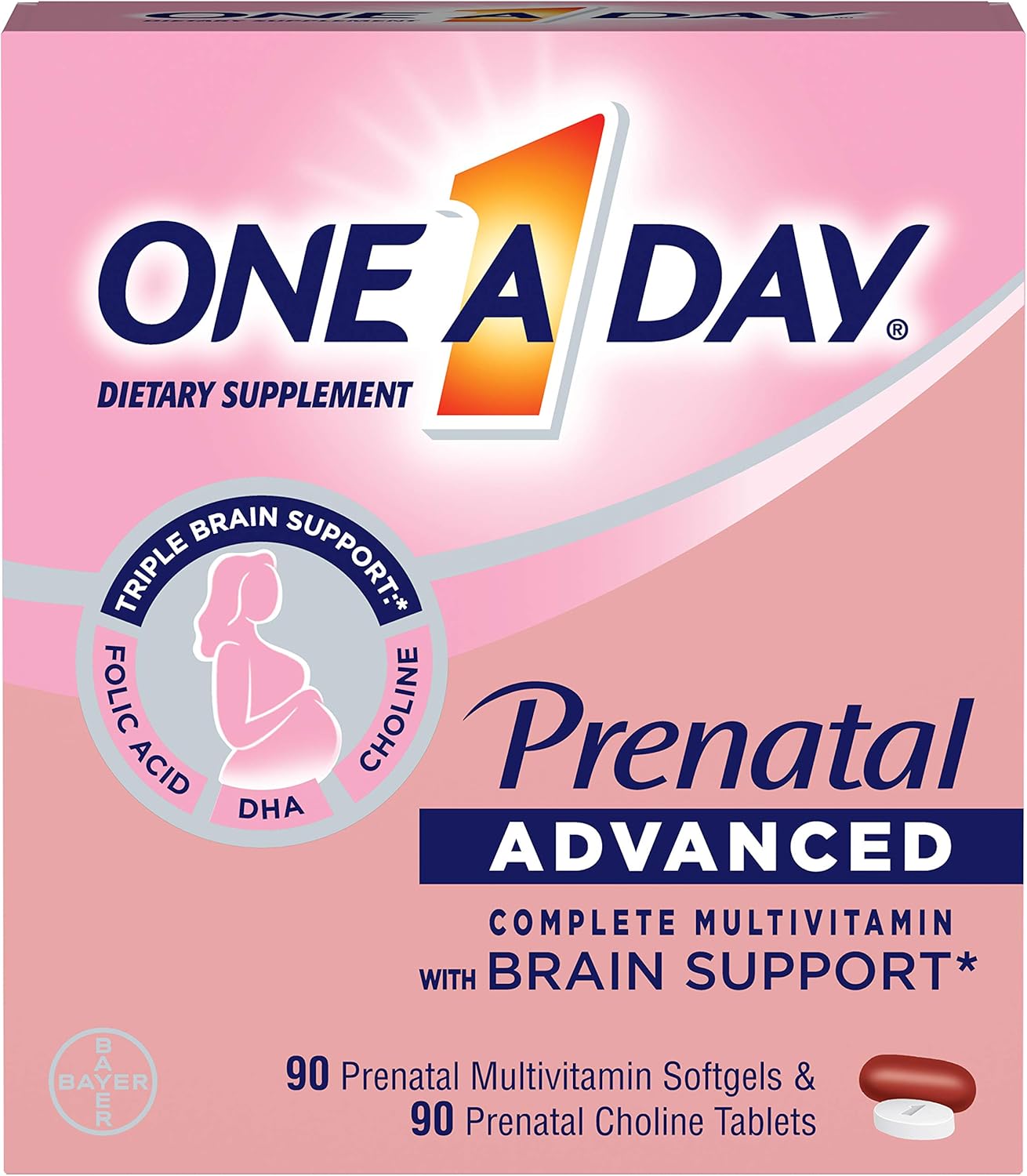 One A Day Women’s Prenatal Advanced Complete Multivitamin with Brain Support* with Choline, Folic Acid, Omega-3 DHA & Iron for Pre, During and Post Pregnancy, 90+90 Count, (180 Count Total Set)