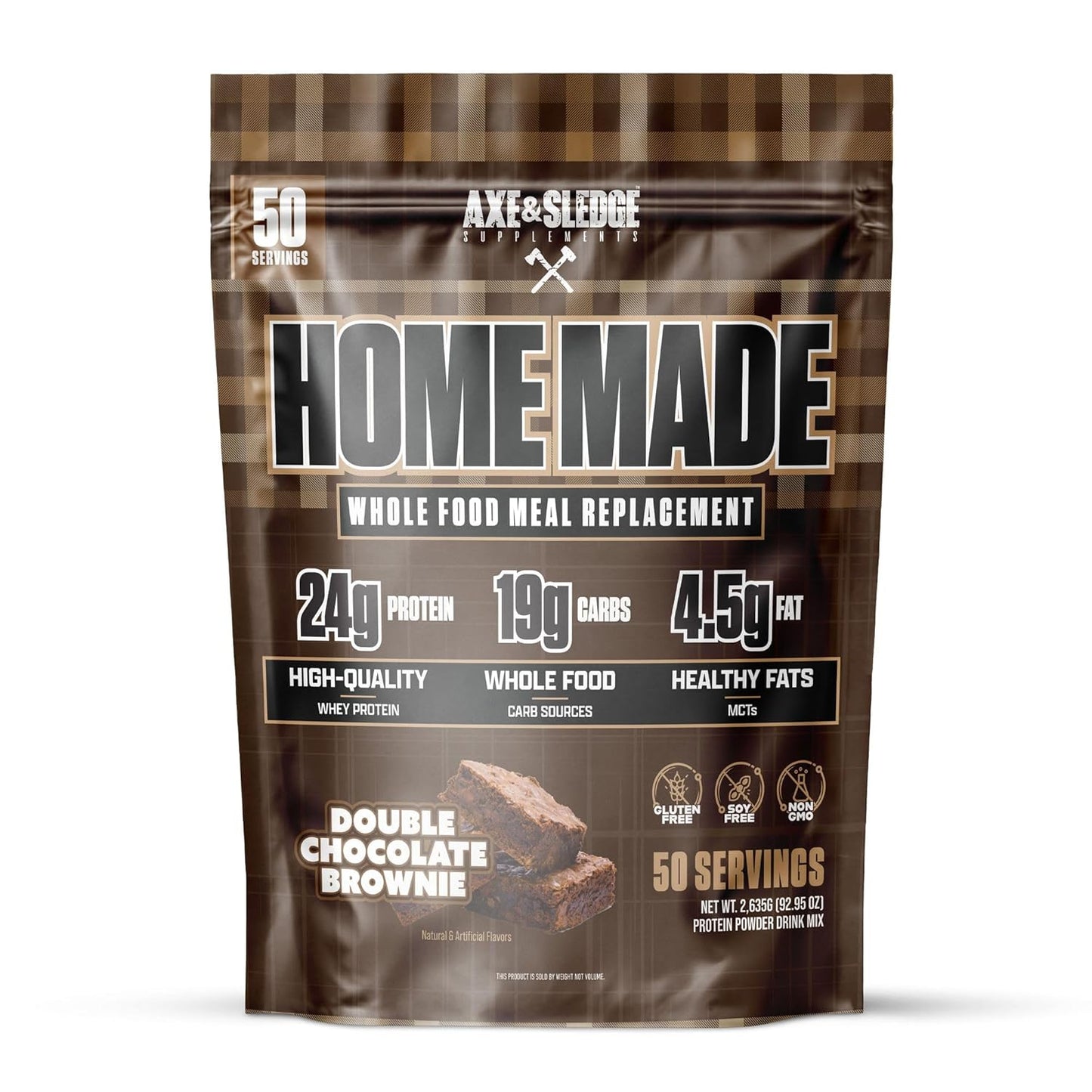 Axe & Sledge Home Made Meal Replacement Powder | 48g Protein | Digestive Enzymes & Fiber | Non-GMO, Premium Ingredients | Protein for Bulking | 25 Servings, Double Chocolate Brownie