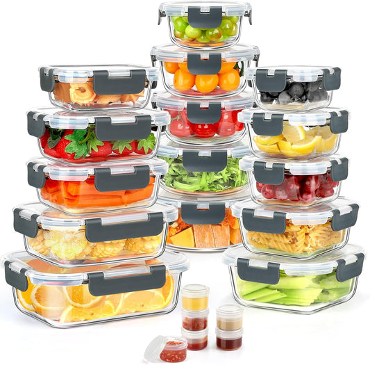 AMALEKO 42pcs Glass Food Storage Containers with Lids Set, 21 Containers & 21 Lids Glass Meal Prep Containers with Snap Locking Lid Set, Leak Proof Lunch Container BPA-Free,Grey