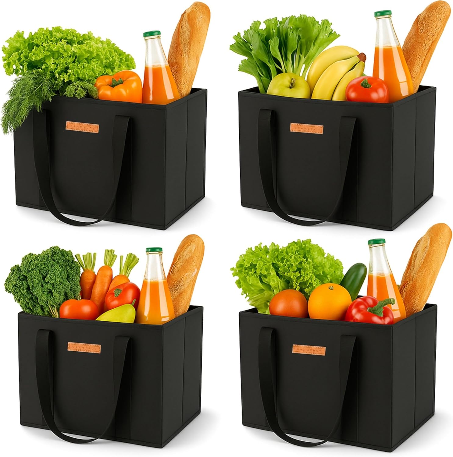 Gramercy Premium Large Reusable Grocery Bags, Heavy Duty 4 Pack \u2013 Foldable Shopping Tote Bags With Handles, Washable and Reinforced With Thick Bottom and Sides (Black, 4pcs)