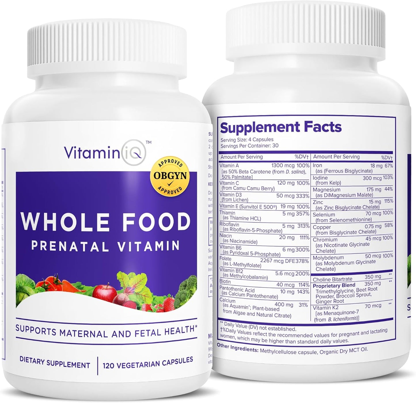 Whole Food Prenatal Vitamins (120 Capsules) Natural Support for Maternal and Fetal Health, Prenatal Multivitamin for Women with Choline, B Vitamins and More, Vegan, No Soy, Gluten or Dairy