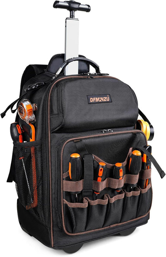 Rolling Tool Backpack Heavy Duty, 43 Pockets Tool Backpack with Wheels, Rolling Tool Bags for Men with Retractable Handle, 1680D Tool Bag with Wheels for Electrician Construction Worker Mechanic HVAC