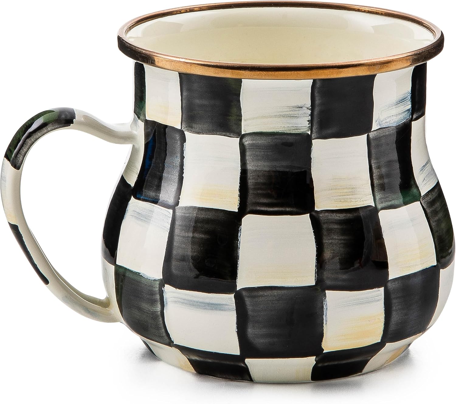 MACKENZIE-CHILDS Enamel Mug, Cute Enamelware Coffee and Tea Mug, Unique Drinkware, 16 Ounces, Black-and-White Courtly Check, Set of 1