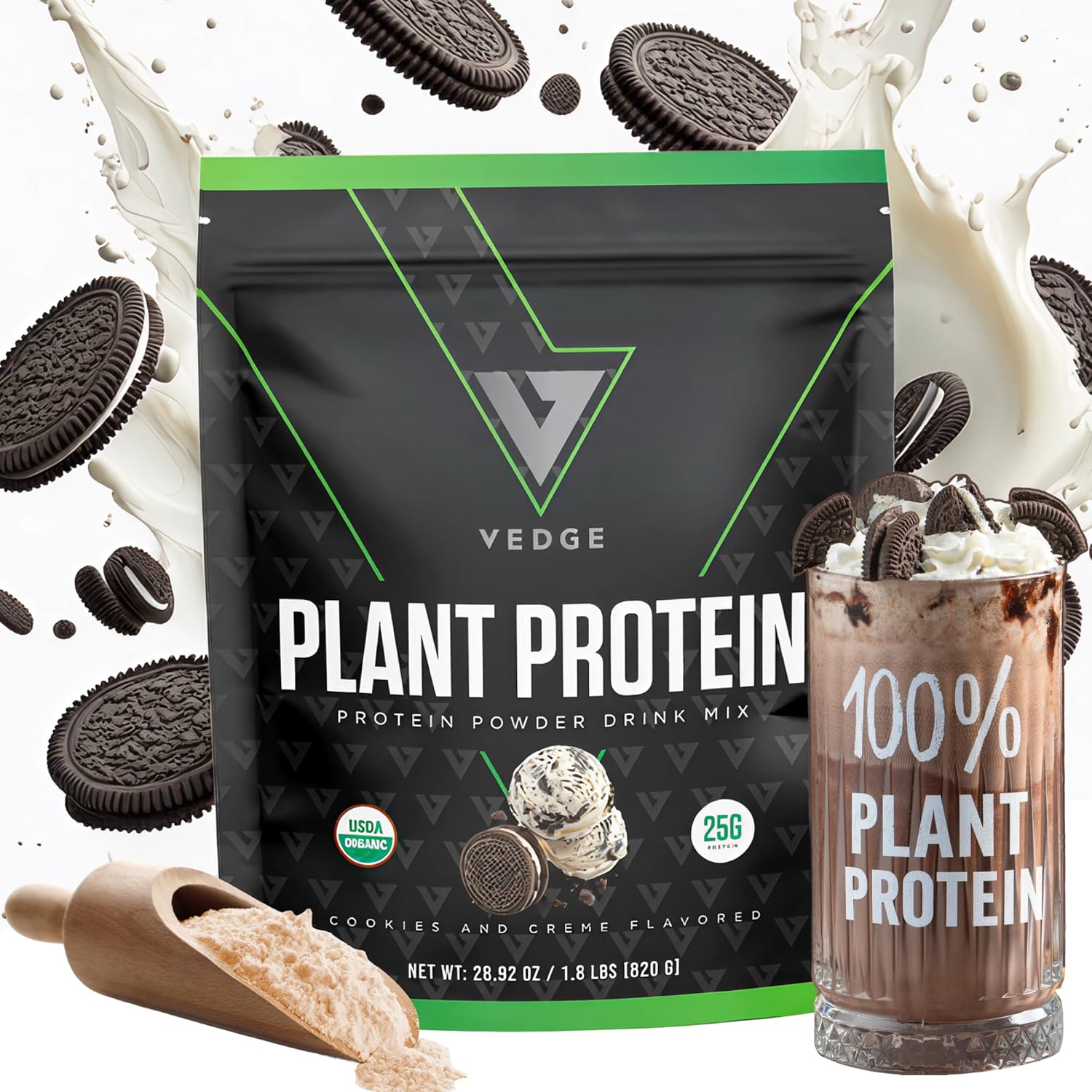 vedge Vegan Protein Powder - Plant Protein Powder with Pea, Pumpkin & Sunflower - USDA Organic, Amino Acids, Dairy Free, Gluten Free, Soy Free, Keto, Non GMO - Cookies and Creme - 20 Servings