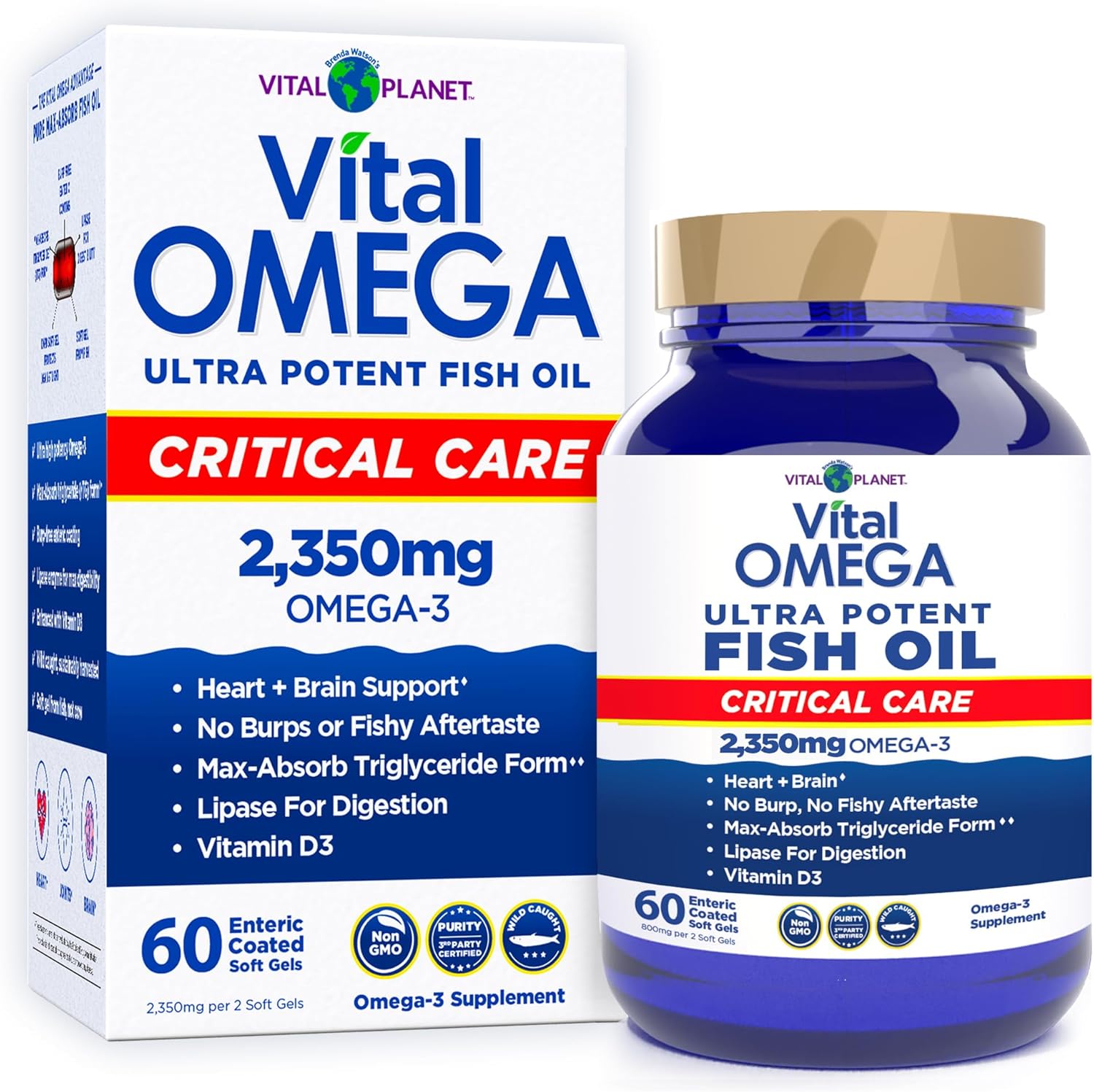 Vital Planet - Vital Omega 3 Fish Oil Critical Care Supplement with 2350mg of High Potency Wild Caught Omega 3 Fatty Acid Supplements EPA DHA and DPA for Heart Health 60 Softgels (Packaging May Vary)