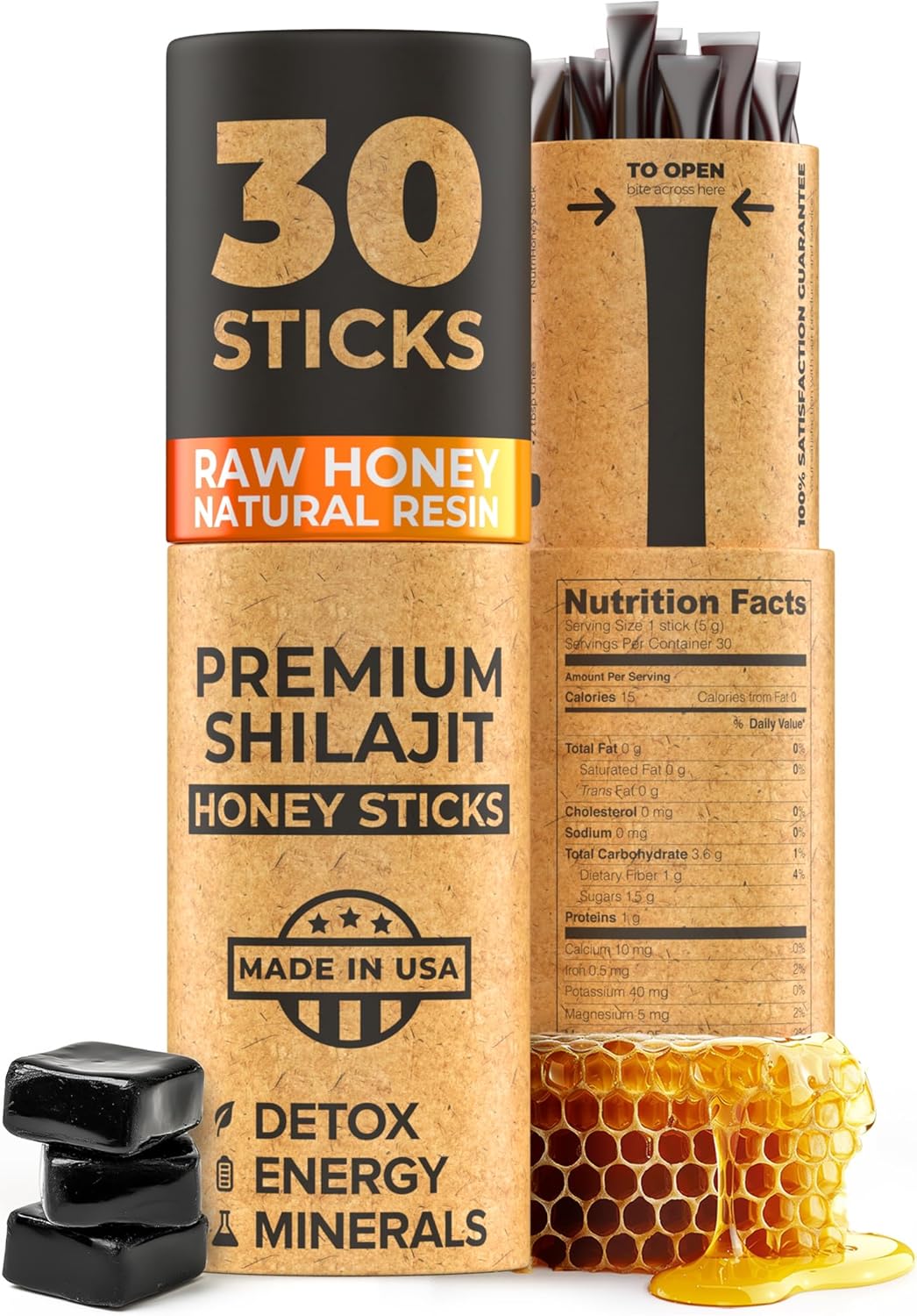 NATURAL SHILAJIT Honey Sticks - Shilajit Resin with Raw Honey, Fulvic Acid & Trace Minerals, Plant Based Nutrients for Energy, Immune Support & Vitality - 30 Shilajit Sticks