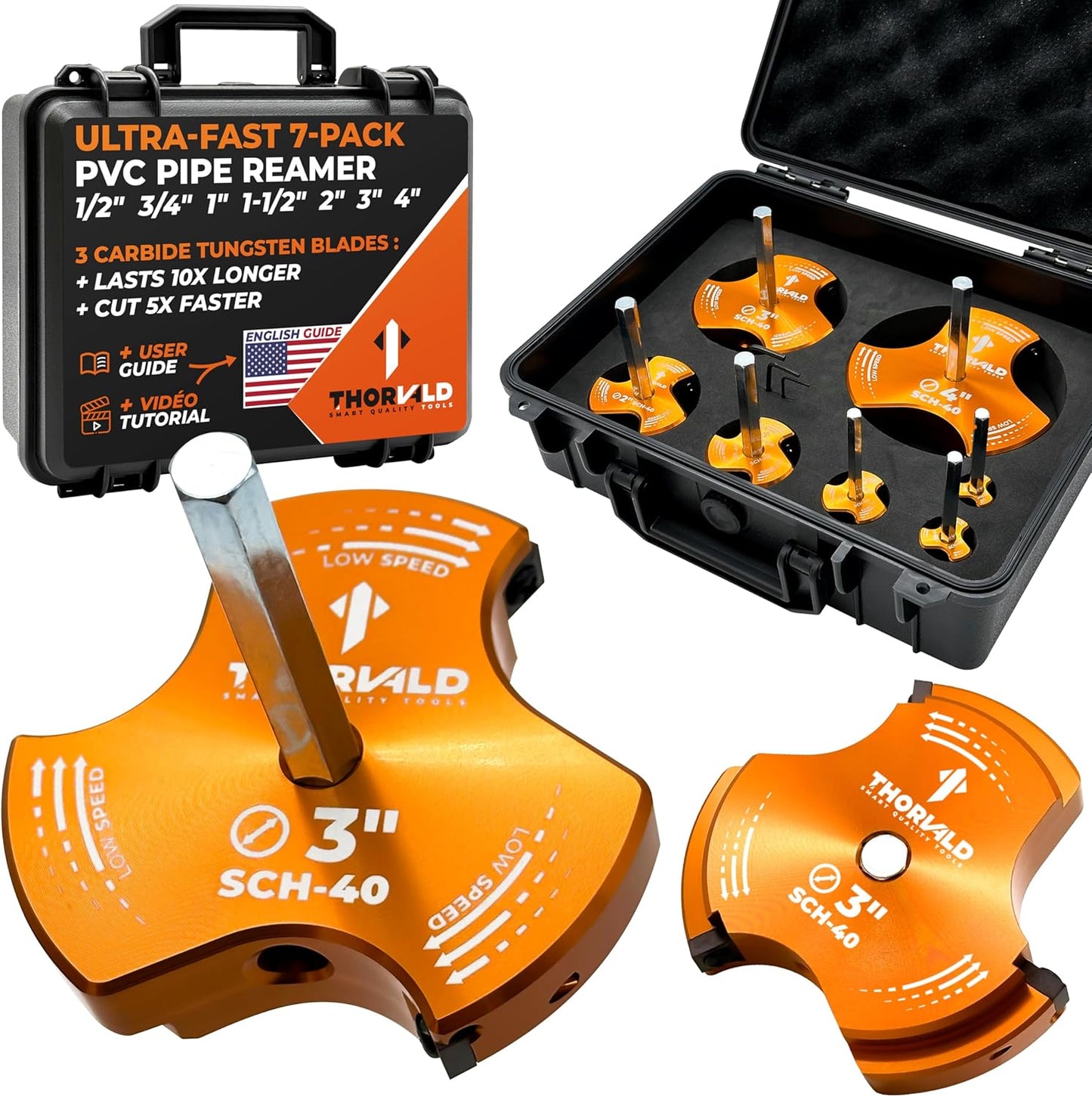 THORVALD PVC Pipe Reamer TriForce - 7 Sizes with Tungsten Carbide Blades - Video Tutorial + User Guide - 3 Blades PVC Fitting Saver for Plumbing - Tool Sizes: 1\/2" ; 3\/4\u2033 ; 1\u2033 ; 1-1\/2\u2033 ; 2\u2033 ; 3\u2033 ; 4\u2033