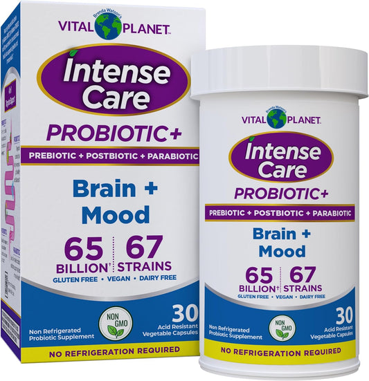 Vital Planet - Intense Care Brain & Mood Probiotics, Organic Prebiotics, Postbiotics, Parabiotics, Complete 4-in-1 Health Supplement for Adults, 65 Billion CFU, 67 Strains, Digestive and Immune 30 ct