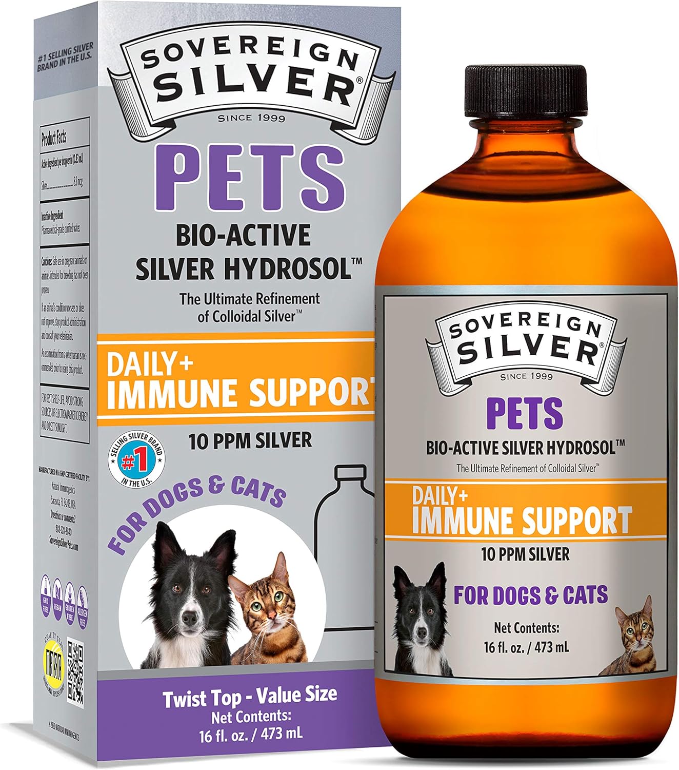 Sovereign Silver Pets Immune Support - Colloidal Silver, Bio-Active Silver Hydrosol, for dogs and cats, 10 ppm, Liquid Twist Top, 16 Fl Oz, (473 mL)