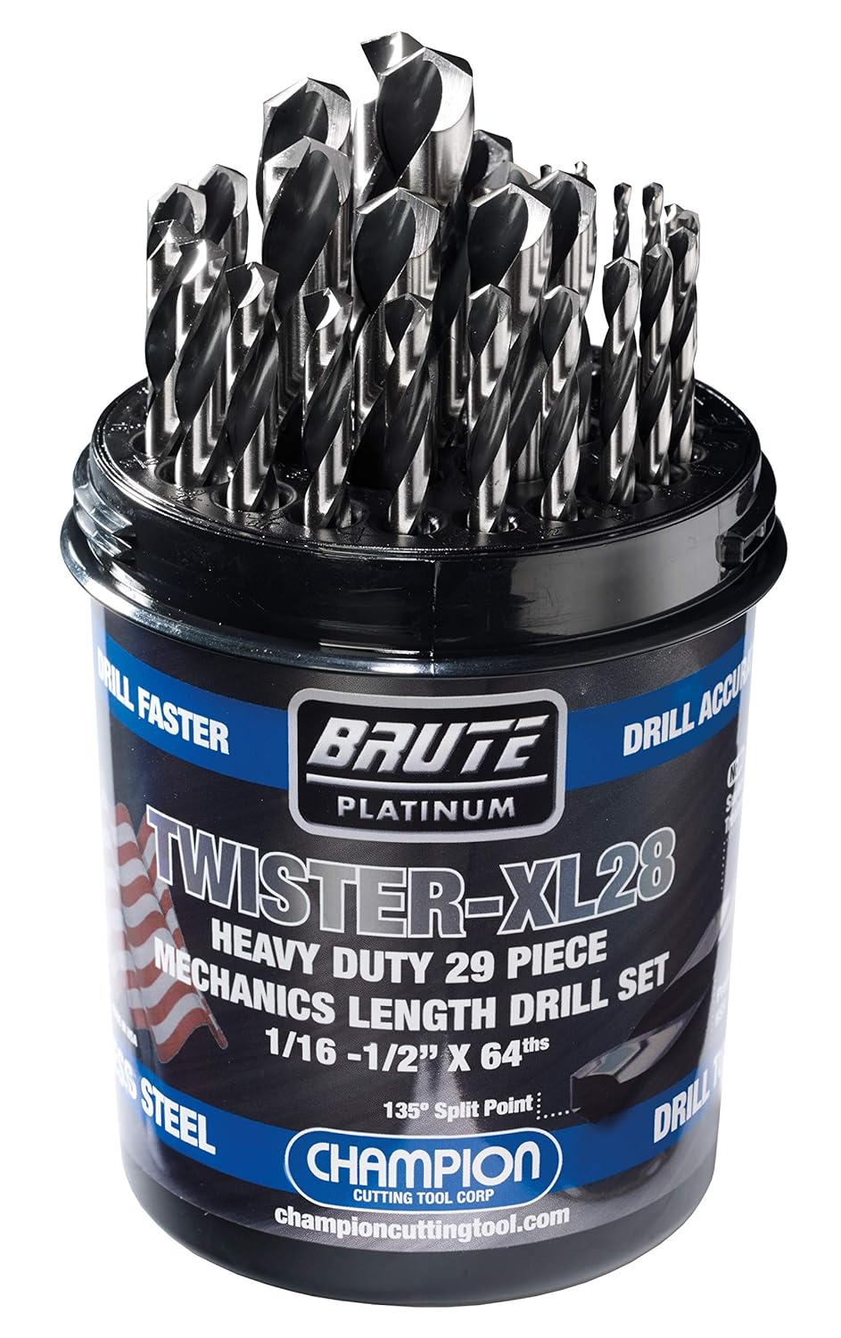 Champion Cutting Tool Brute Platinum 29 Piece 1\/16-1\/2" x 64ths HSS Mechanics Length Twister-XL28 Drill Bit Set-135 Degree Split Point, Water Resistant Index-MADE IN USA