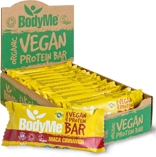 BodyMe Organic Vegan Protein Bar | Raw Maca Cinnamon | Box of 12 x 2.12oz (60g) | With 3 Plant Proteins