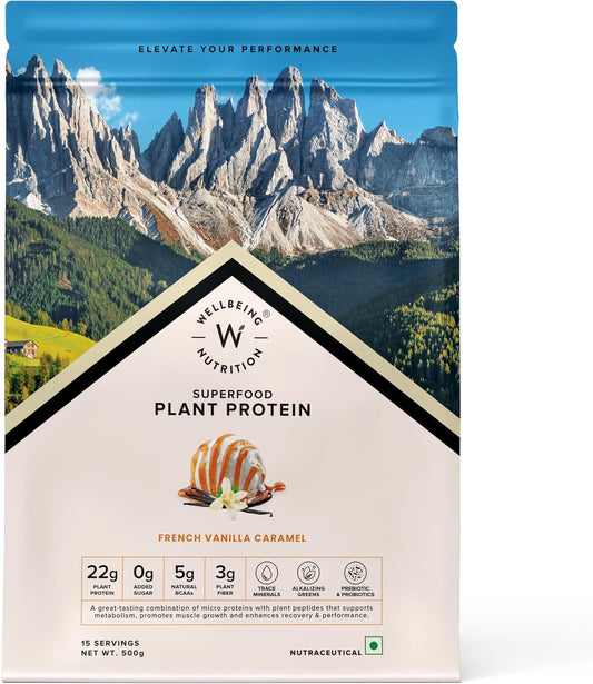 WELLBEING NUTRITION Organic Vegan Plant Protein Isolate Powder | 22g Protein, 5g BCAA | Prebiotics & 3B CFU Probiotics | No Bloating | Easy to Digest | French Vanilla Caramel- 500gm