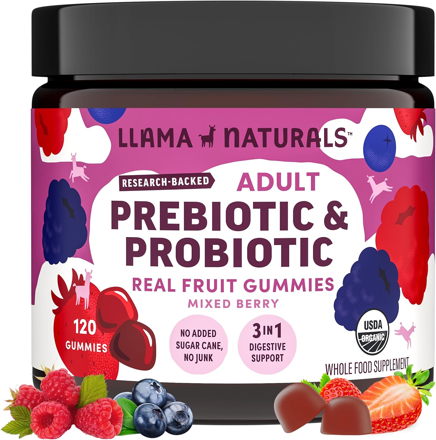 Llama Naturals Probiotics for Women and Men with Prebiotic Fiber, Vegan, Organic, Probiotic Gummies for Gut Health Support, Adults Real Fruit Gummy Vitamins, No Added Sugar Cane, Mixed Berry, 120 Ct