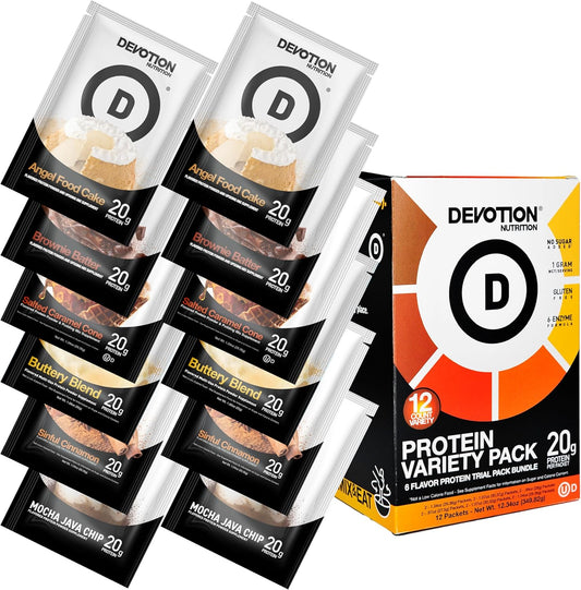 Devotion Nutrition Protein Powder Packets Variety Pack – 6 Flavors – Gluten Free, Keto Friendly, No Added Sugars, 1g MCT, 20g Whey & Micellar Protein per Serving – 12 Single-Serve Packets