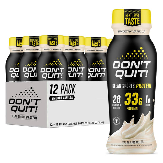 DON\u2019T QUIT Clean Sports Protein Shake - 33 Grams of Protein Per Serving with 26 Vitamins and Minerals and Only 1 Gram of Sugar - No Artificial Colors, Flavors, or Sweeteners (Smooth Vanilla, 12 Pack)
