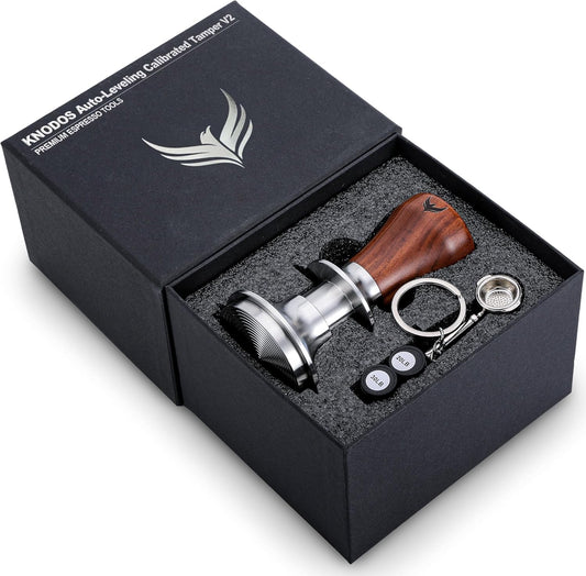 54mm Espresso Tamper for Breville Machines Rosewood KNODOS Auto Leveling, Double Spring Loaded Wooden 30lb Calibrated Coffee Tamper